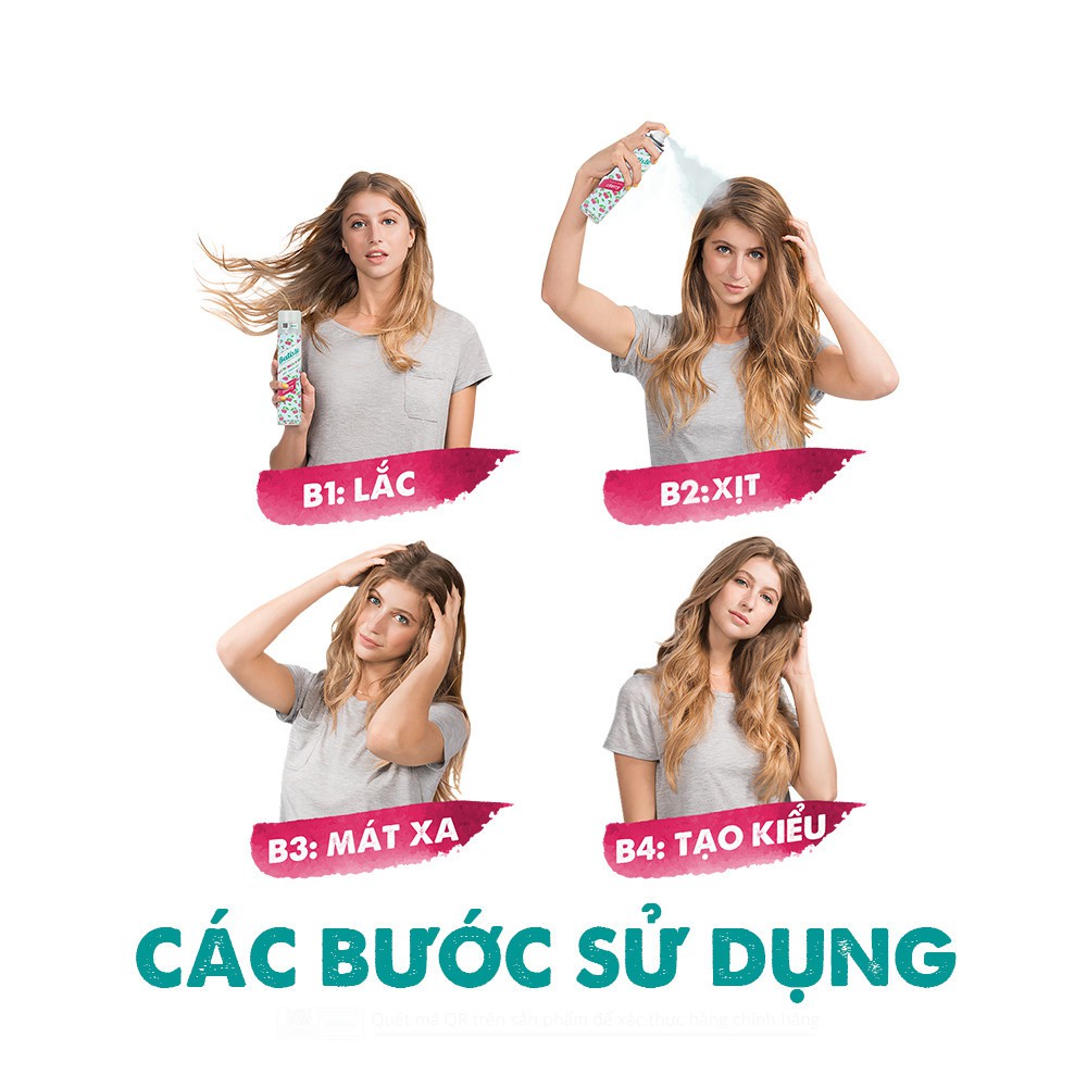 Dầu Gội Khô Giúp Hết Ngứa, Hết Bết Dính, Tóc Bồng Bềnh Tức Thì Hương Anh Đào BATISTE Dry Shampoo 200ml - Cherry