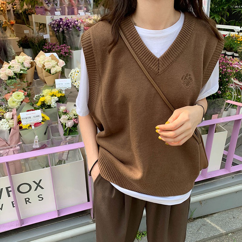 Áo Sweater dệt kim không tay dáng rộng thêu hoạ tiết 31459 Preppy dễ phối đồ