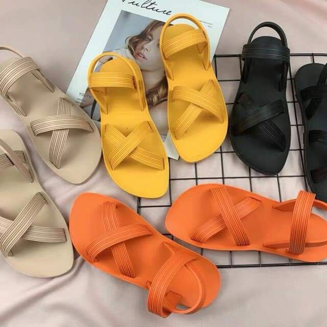 Giày sandal Hàn Quốc cao su dẻo đi biển quai chéo nhiều màu