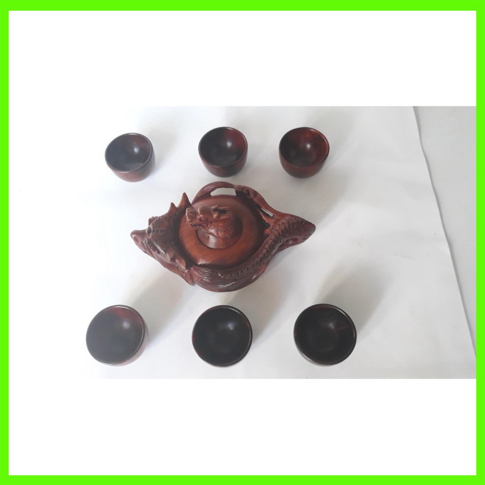 Bộ ấm chén trà mini kiểu rồng gỗ trắc đỏ đen ( 1 Ấm, 6 chén gỗ trắc) MS001