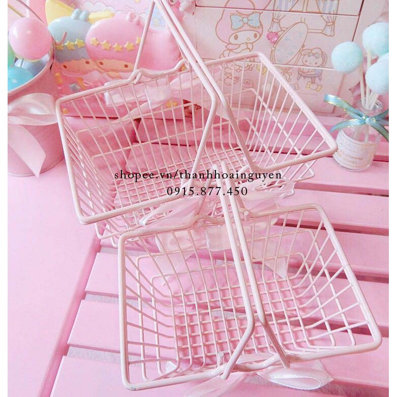 Giỏ tay cầm màu hồng thắt nơ pastel xinh xắn ( Rổ picnic cắm trại , rổ trang trí góc học tập )