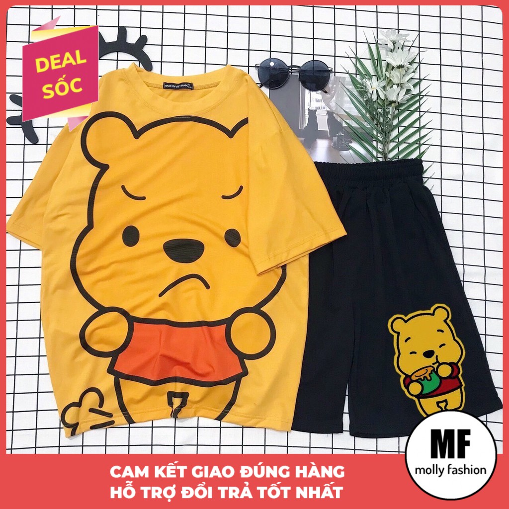 Set đồ unisex Gấu Pooh, gồm quần cartoon kèm áo thun nam form rộng tay lỡ Molly Fashion