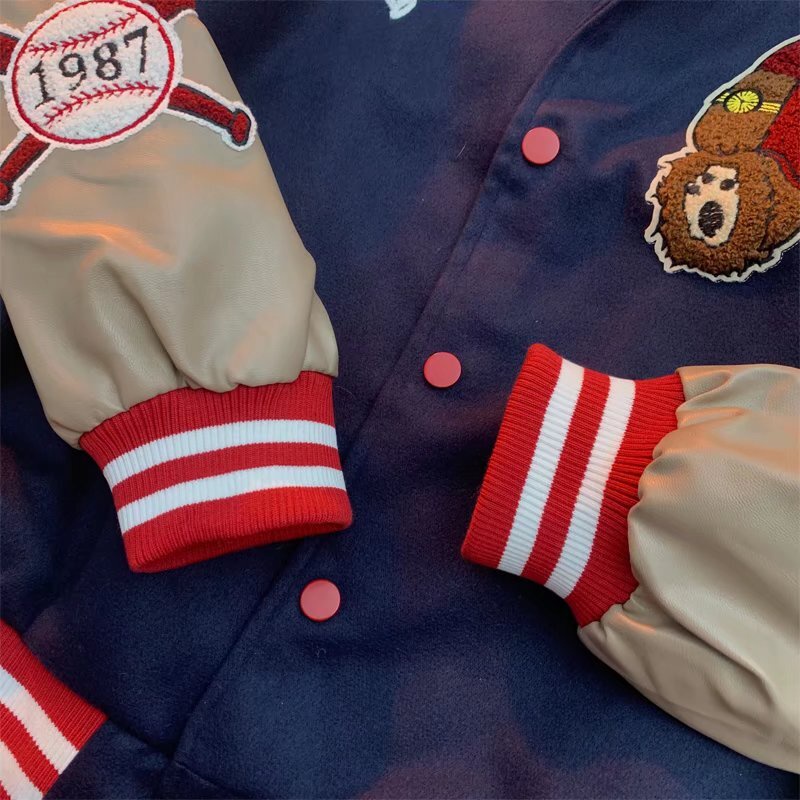 Áo Khoác Bóng Chày Da PU Tay Thêu Hình Gấu Phong Cách Retro Dành Cho Nam Nữ