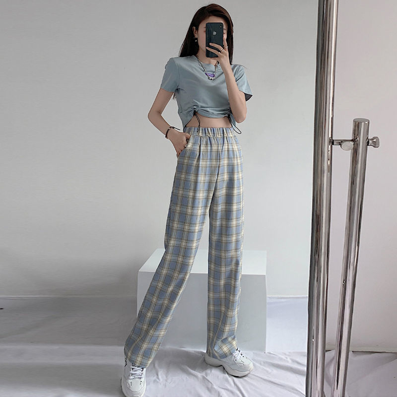 New High Waist Slim Check Plaid Casual Pants Women Loose Sports Straight Wide Leg Pants