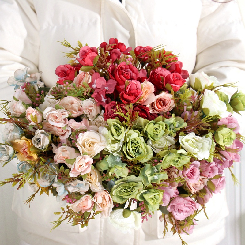 Bó Hoa Hồng Giả Bằng Lụa Trắng Chất Lượng Cao Sang Trọng Dùng Trang Trí Nhà