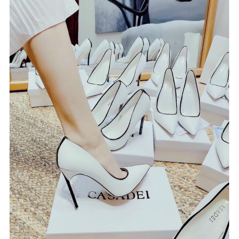 tuv Giày Cao Gót Trắng 10p Viền Đen Casadei Da Mềm Êm Fullbox Bill Túi Cao Cấp