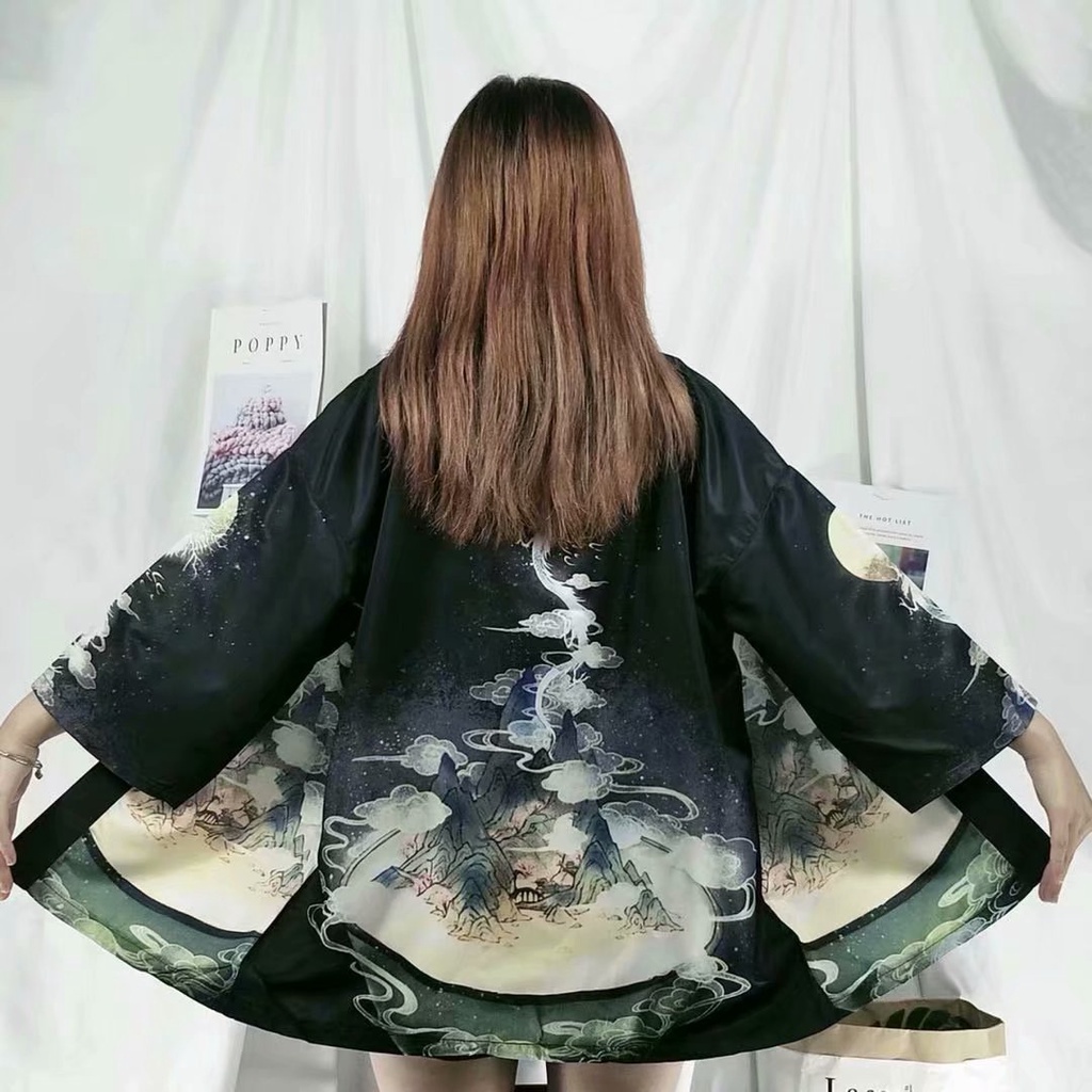 Áo Kimono In Hình Mặt Trăng Phong Cách Nhật Bản Cho Nam Nữ
