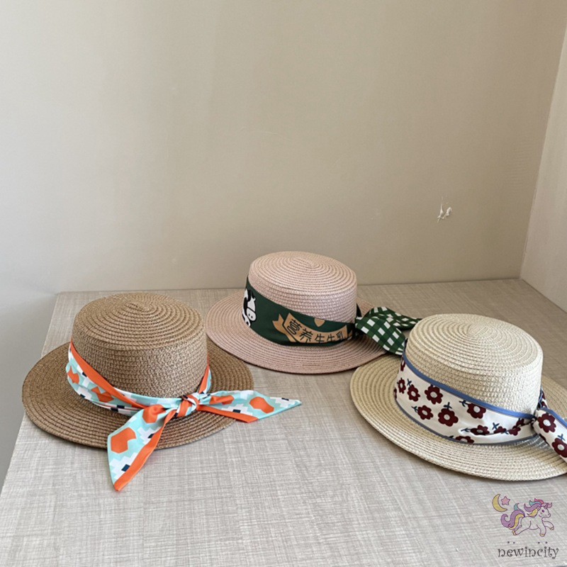 Mũ cói bé gái phối ruy băng cột nơ thời trang phong cách Hàn Quốc