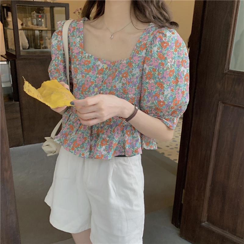 Áo Chiffon Tay Ngắn Cổ Vuông In Hoa Thời Trang Mùa Hè Mới Dành Cho Nữ
