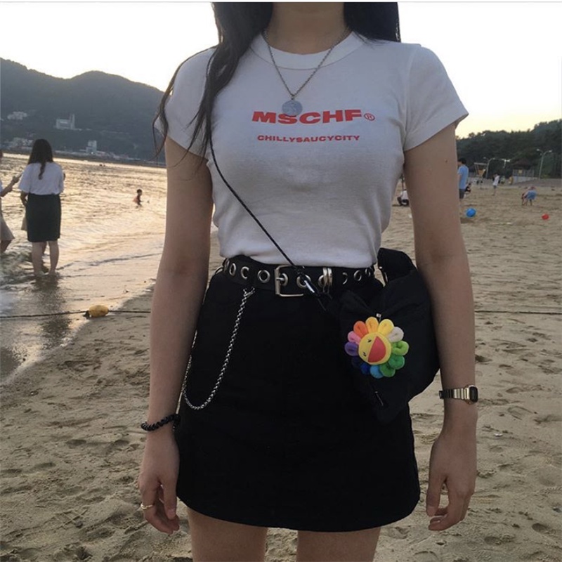 DUNEA Áo Thun Nữ Ngắn Tay In Chữ MSCHF Thời Trang