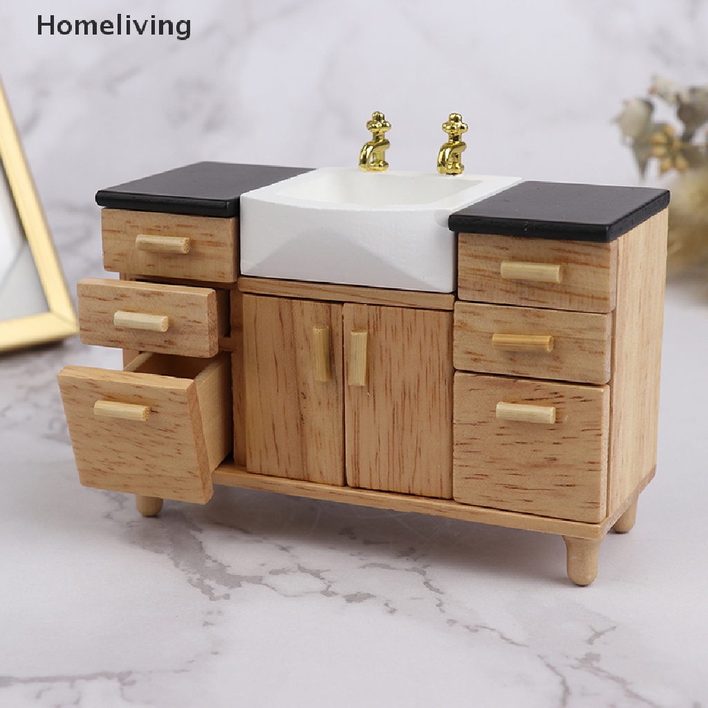 Mô Hình Tủ Chén / Bồn Rửa Bằng Gỗ Tỉ Lệ 1 / 12 Trang Trí Nhà Búp Bê