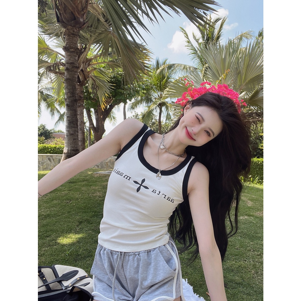 Porozi Áo croptop  hai dây in chữ thời trang Hàn Quốc cho nữ