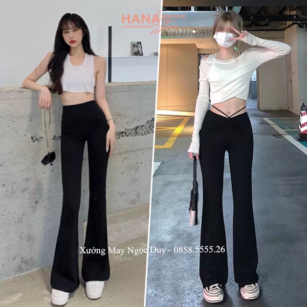 Quần ống loe cạp cao nữ dài bigsize có dây eo đen quần legging nữ ống loe ôm lưng chun thun vải co giãn học sinh công sở