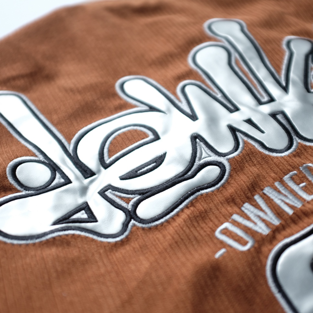 Áo khoác Varsity Brown/White Nhung Tăm Full Thêu Logo Lowkey Phối Da PU Varsity Jacket Lowkey Uni