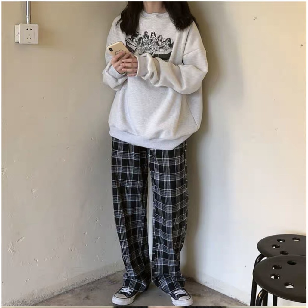 Bộ Quần Áo Nỉ SOFAR Nữ [FREESHIP] Set culottes kẻ caro, thun sweater dài tay form rộng cá tính Ulzzang HOT