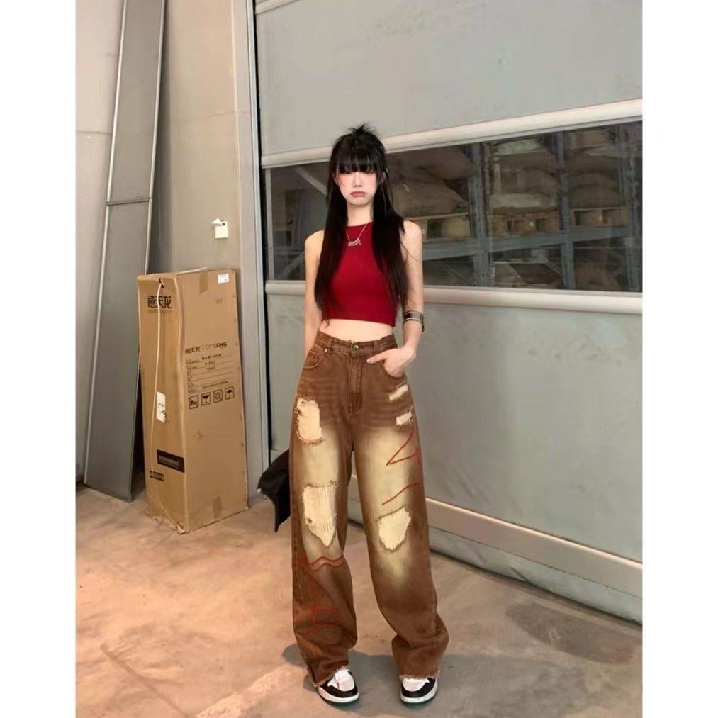 Quần Jean Ống Suông Rộng Màu Cà Phê Phong Cách Retro Hong Kong Thời Trang Mùa Thu Cho Nữ