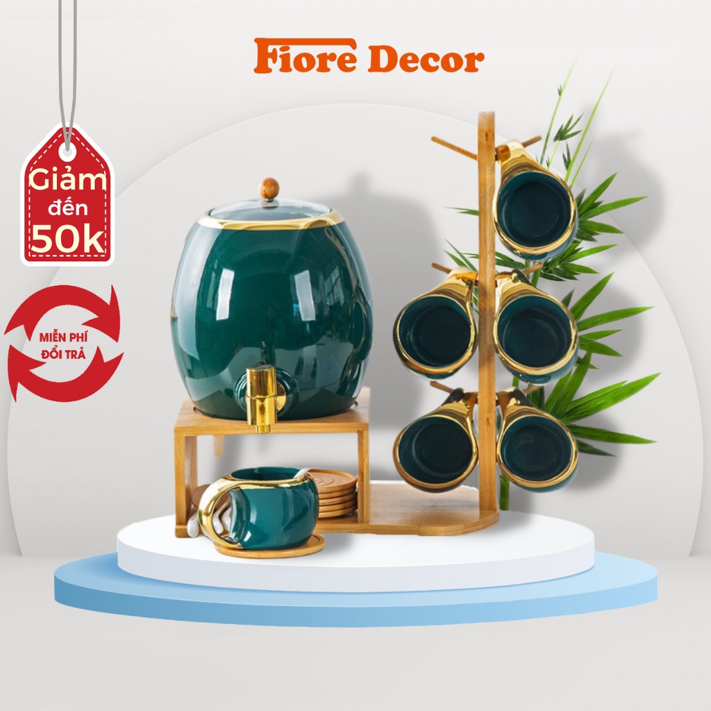Bộ bình nước hình chum và 6 cốc sứ kèm kệ gỗ tre - màu xanh cổ vịt phong cách Bắc Âu sang trọng - quà tân gia, decor nhà