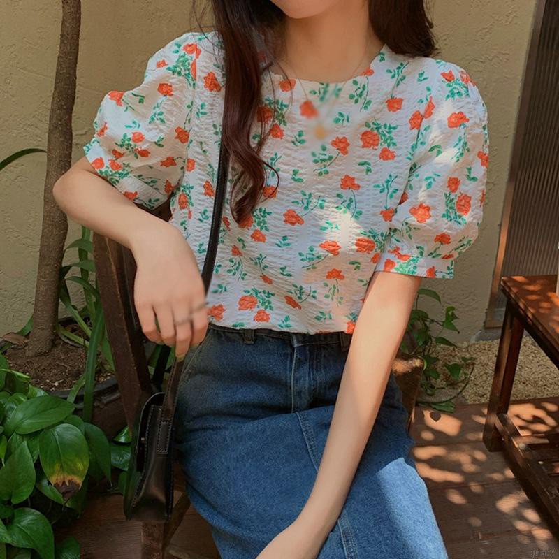 Áo Sơ Mi Hoa Tay Phồng Cổ Tròn Trong Suốt Phong Cách Hàn Quốc Thời Trang Mùa Hè Cho Nữ