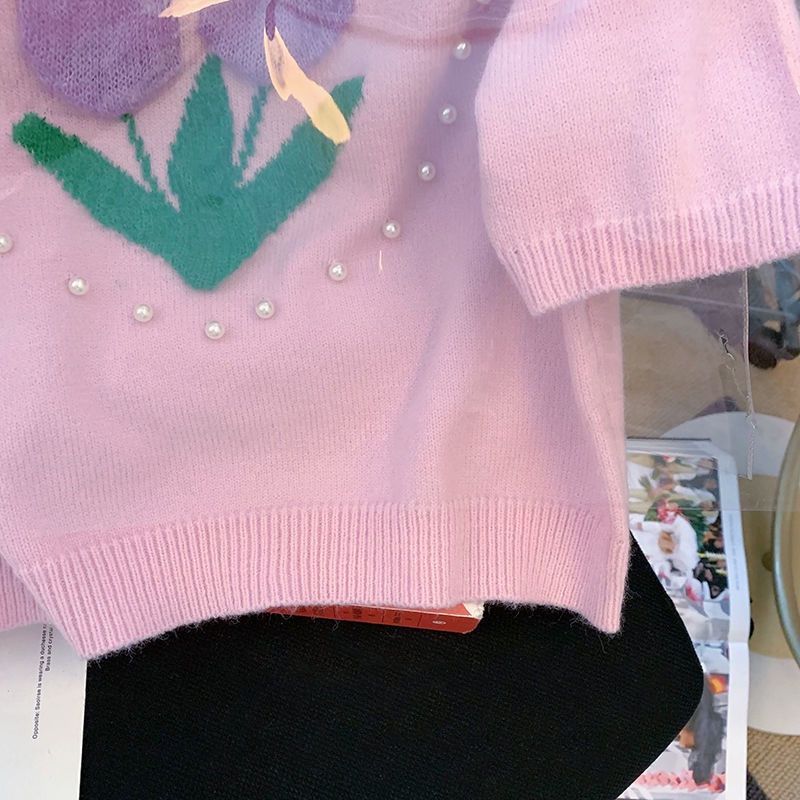 Áo Lửng Cổ Tròn Họa Tiết Hoa Ba Chiều Màu Hồng Nhẹ Nhàng