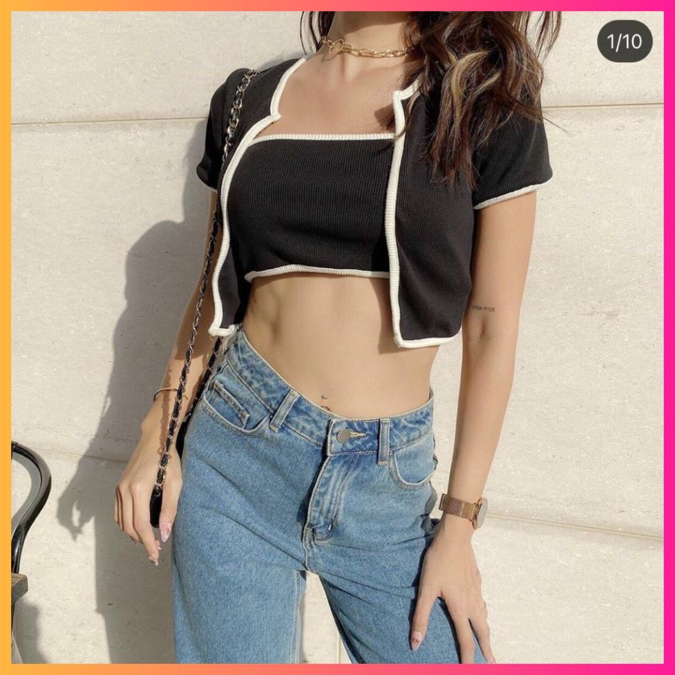 Set áo ống kèm áo khoát viền ĐEN TRẮNG, set áo croptop kèm áo khác thun co giãn - MOONMY | BigBuy360 - bigbuy360.vn