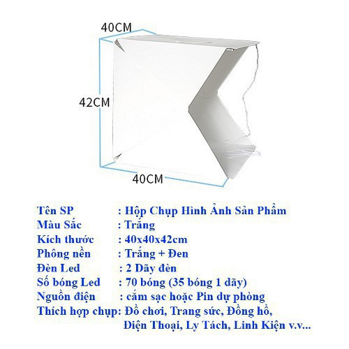 [AK] Hộp Chụp Sản Phẩm 40x40cm Có Kèm Đèn Led 2 Dãy có 70 Bóng - Tặng 2 Phong Nền - An Khang -