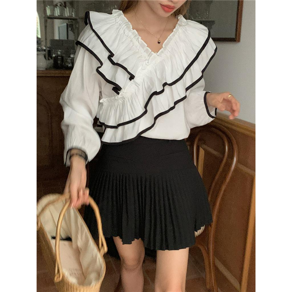 Áo Sơ Mi Cổ V Dài Tay Phối Bèo Nhún Màu Sắc Tương Phản Ngọt Ngào 629