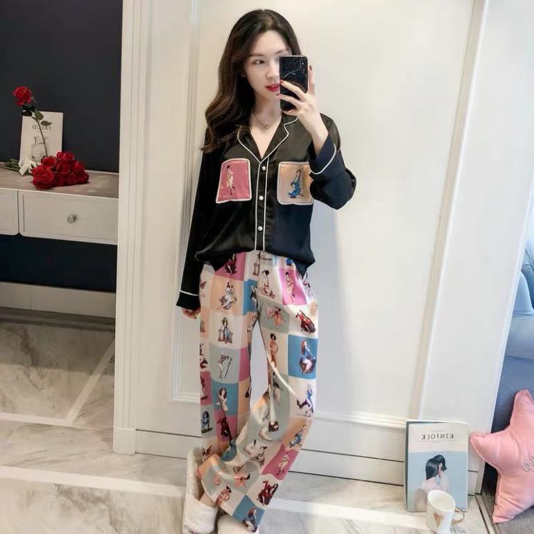Bộ ngủ lụa Pijama dài tay hoạ tiết cô gái hàng cao cấp