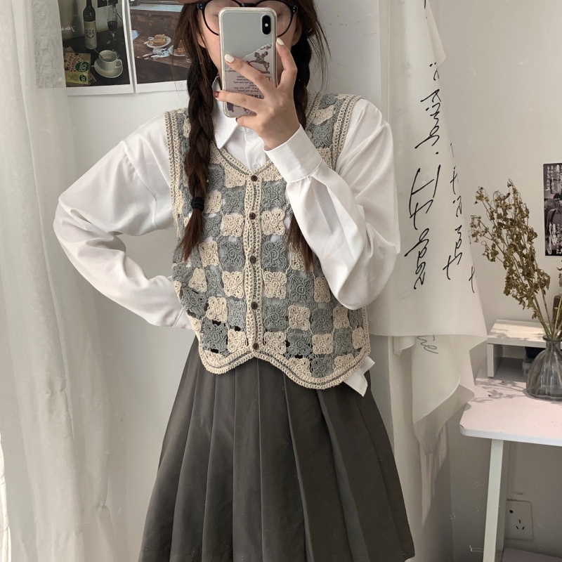 Áo khoác cardigan không tay cổ chữ V họa tiết sọc caro thời trang cho nữ