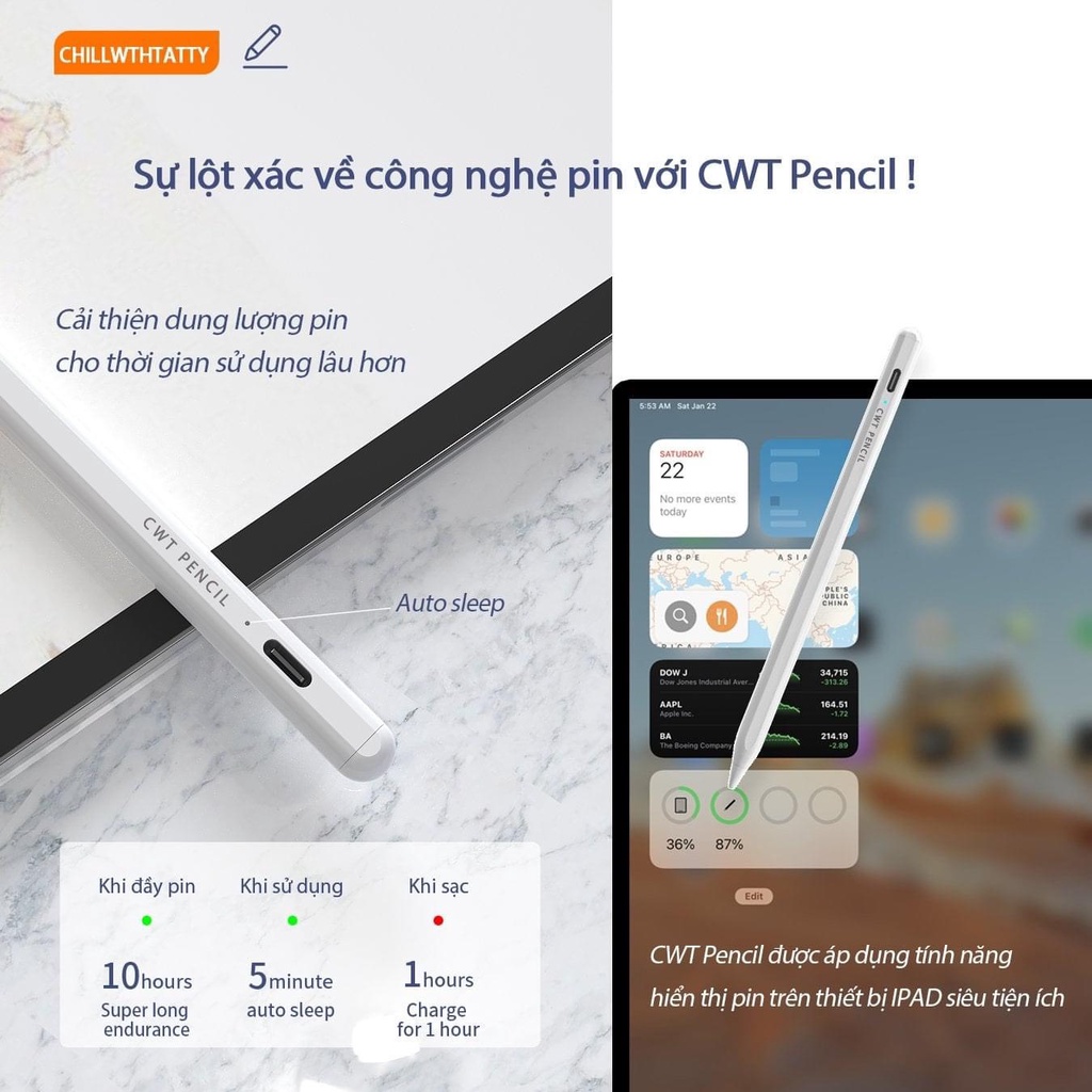 Bút Cảm Ứng CWT Pencil phiên bản nâng cấp 2.0 Cho các dòng ipad đời mới từ 2018