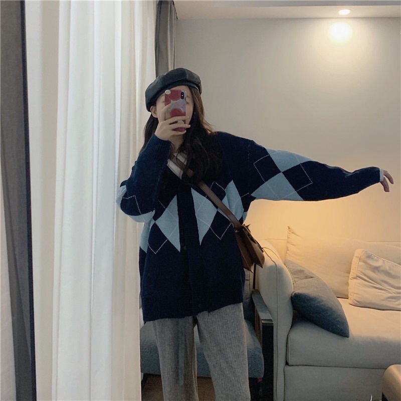 Áo cardigan len Quảng châu  họa tiết ziczac caro màu đen trắng phong cách hàn quốc vintage ulzzang AC3 | BigBuy360 - bigbuy360.vn