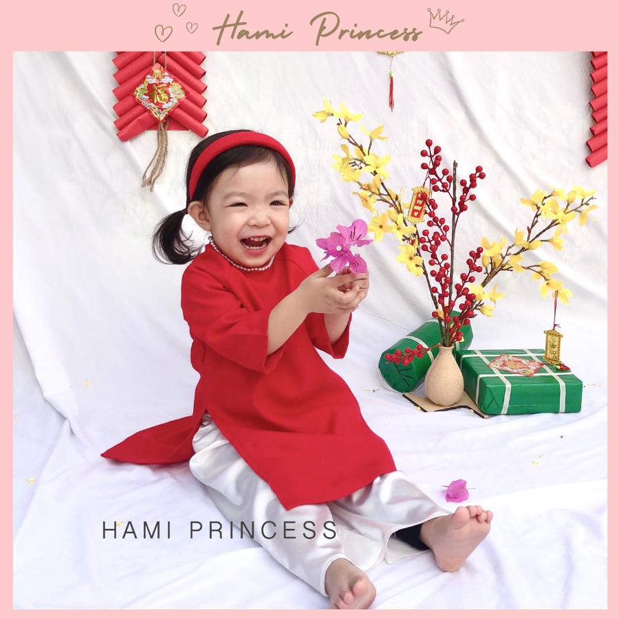 Áo Dài Nhung Cổ Ngọc Có Bờm Điệu Đà Cho Bé Gái HAMI PRINCESS ❤️ (Kèm Quần Lụa &amp; Bờm)