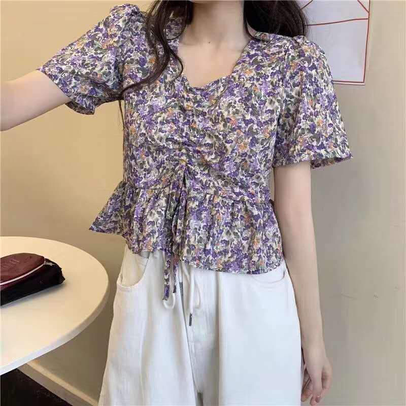 Women's French Drawstring Chiffon Shirts Loose French Fashion Summer Short Sleeve Crop Tops | BigBuy360 - bigbuy360.vn