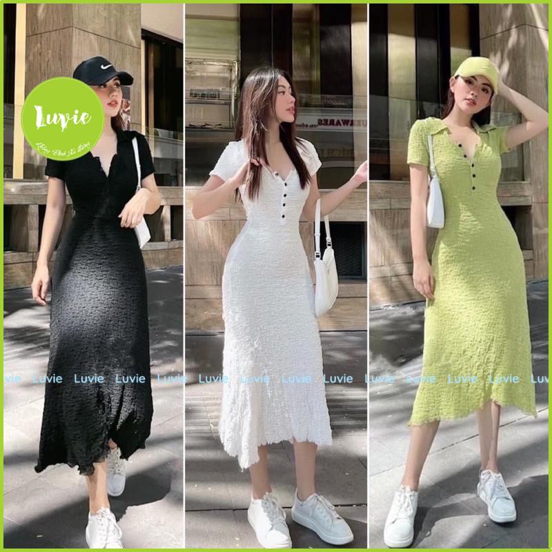 Váy Body Xốp Luvie Nhăn Cổ Đức Dáng Dài 4 Màu Cá Tính, Đầm Body Xốp Nhăn Cổ Đức Dáng Dài
