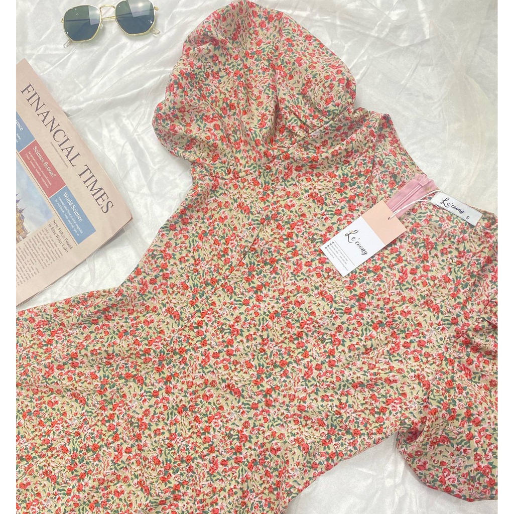 Váy đầm hoa nhí thiết kế thanh lịch đuôi cá kết hợp tay bồng dài qua gối hai màu đỏ/be_LeCoong V92 | BigBuy360 - bigbuy360.vn