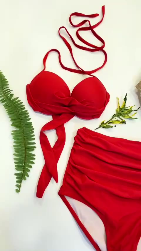 Bikini hai mảnh đồ bơi nữ đi biển áo gọng mút dày dây buộc chéo quần nhún lưng cao che bụng PALDORA001 | BigBuy360 - bigbuy360.vn