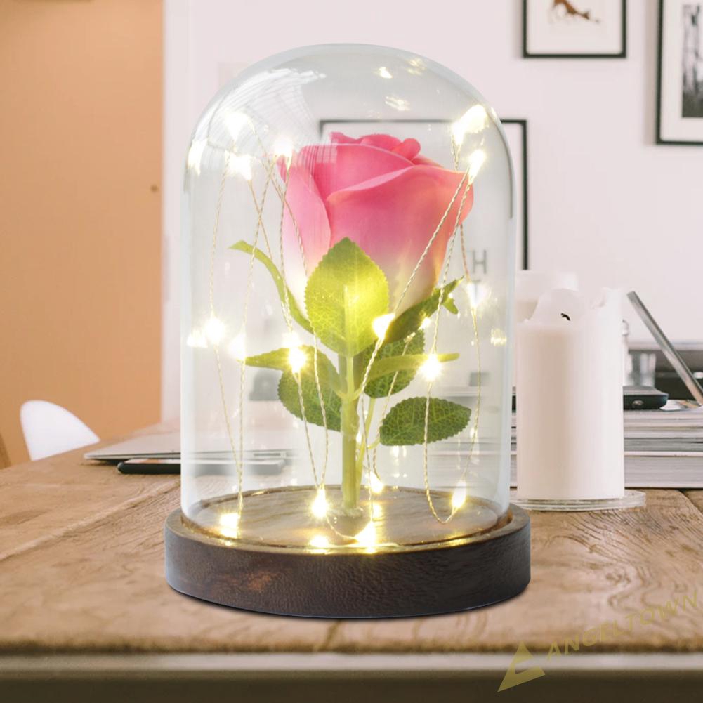 Đèn ngủ thiết kế có hoa hồng giả làm từ thủy tinh lãng mạn