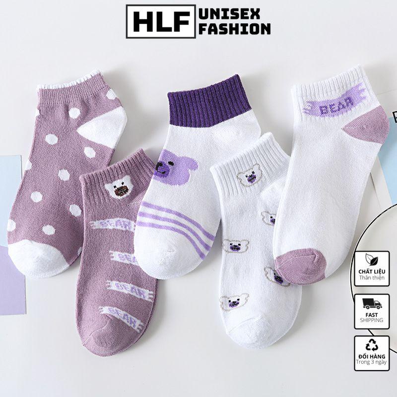 Tất vớ nữ Cotton cổ tròn in gấu tím, tất vớ cổ ngắn HLFashion