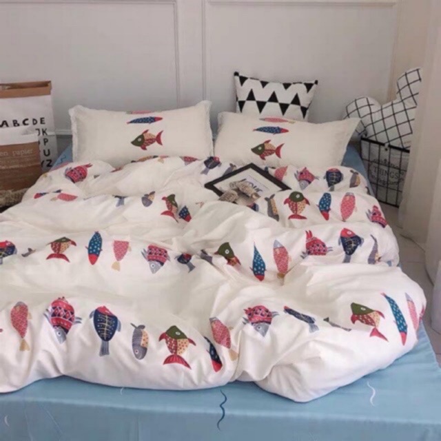 Bộ Drap & Chăn Phao Cotton Poly Cá Trắng
