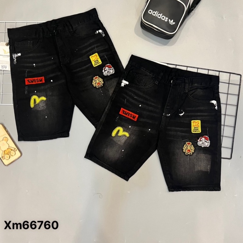 Quần short jean nam EVISU đen rách thêu logo chất bò,from ôm đep,mẫu mới cao cấp-AHFASHION