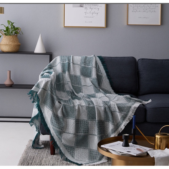 HÀNG ĐẸP CÓ SẴN_Khăn phủ sofa Bắc Âu dệt 2 mặt tua rua, Thảm trải sàn caro phòng khách Chất Lượng Cao