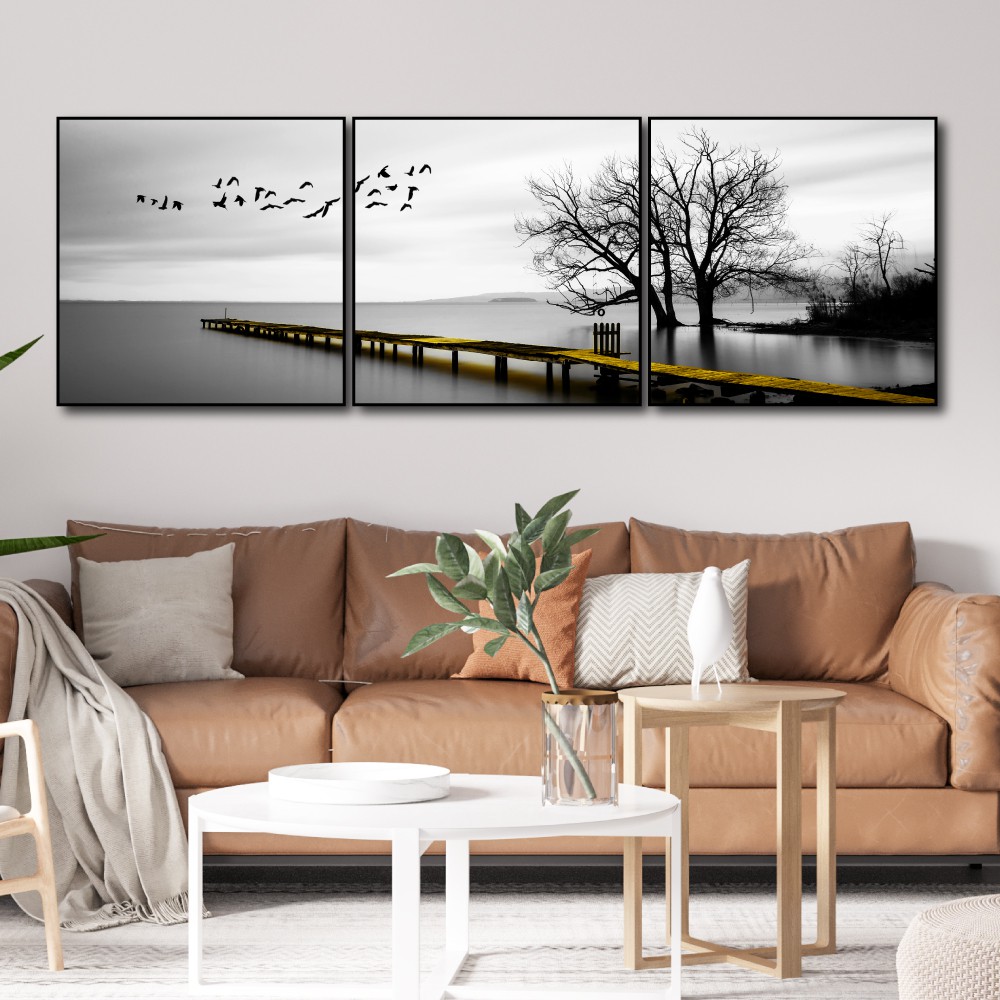 Tranh treo tường canvas phong cảnh và cầu gỗ decor trang trí phòng khách, phòng ngủ có khung cao cấp khổ lớn hình vuông