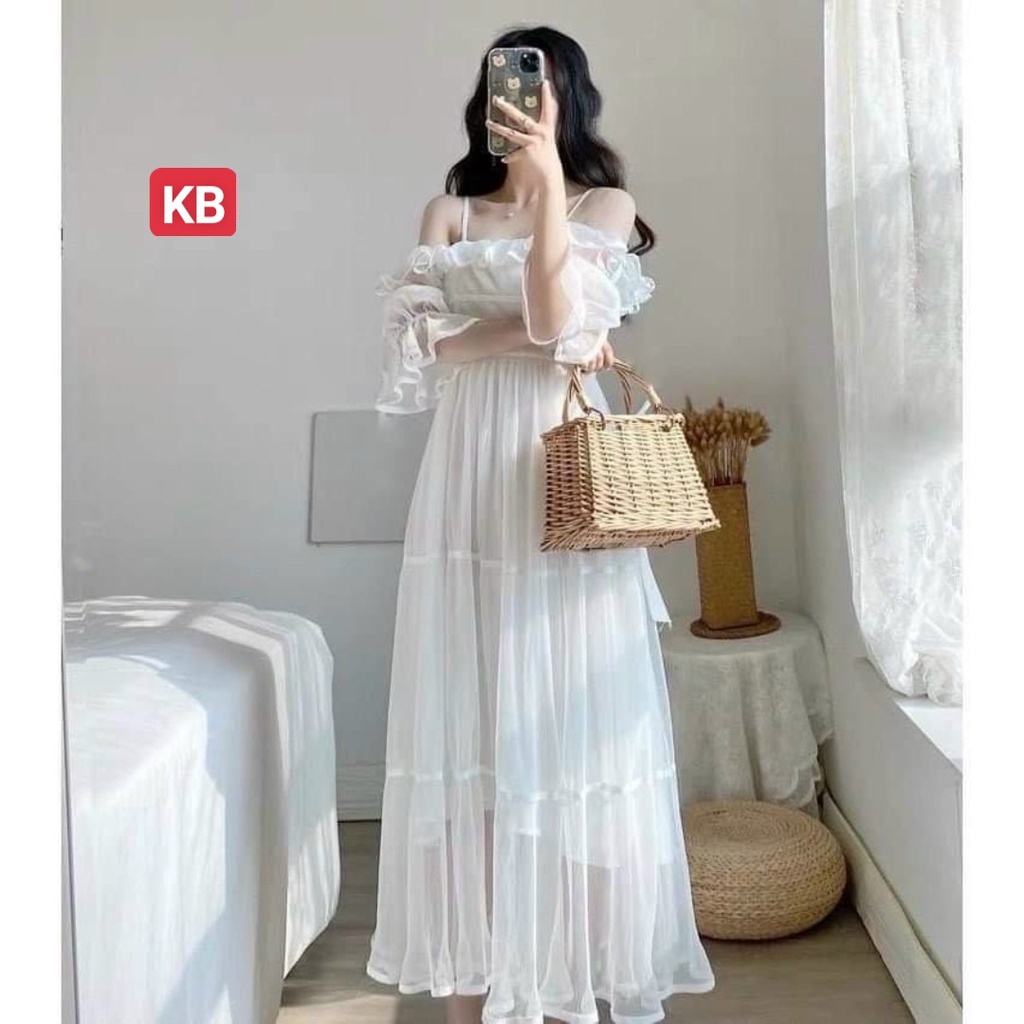 Váy Hai Dây Trễ Vai Dáng Dài Đầm Maxi Tay Bồng Trắng Đi Biển, Dự Tiệc