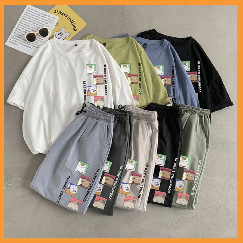 Bộ thể thao nam nữ Unisex ⚡ 𝐅𝐫𝐞𝐞𝐬𝐡𝐢𝐩 ⚡Set thể thao gồm Áo thun nữ tay lỡ và Quần short kaki hình in gấu dễ thương