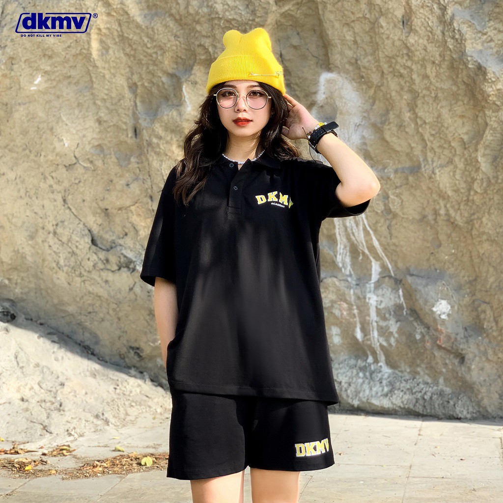 Áo thun Polo nữ oversize màu đen Don't Kill My Vibe| Black Academy Polo