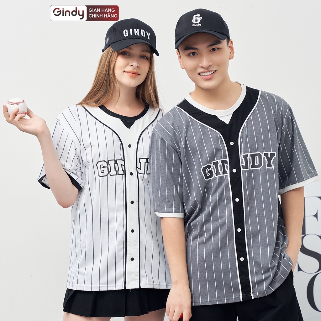 Áo phông unisex tay lỡ thun form rộng nam nữ cotton mát bóng chày kẻ sọc 2 màu trắng xám thể thao local brand GINDY A067