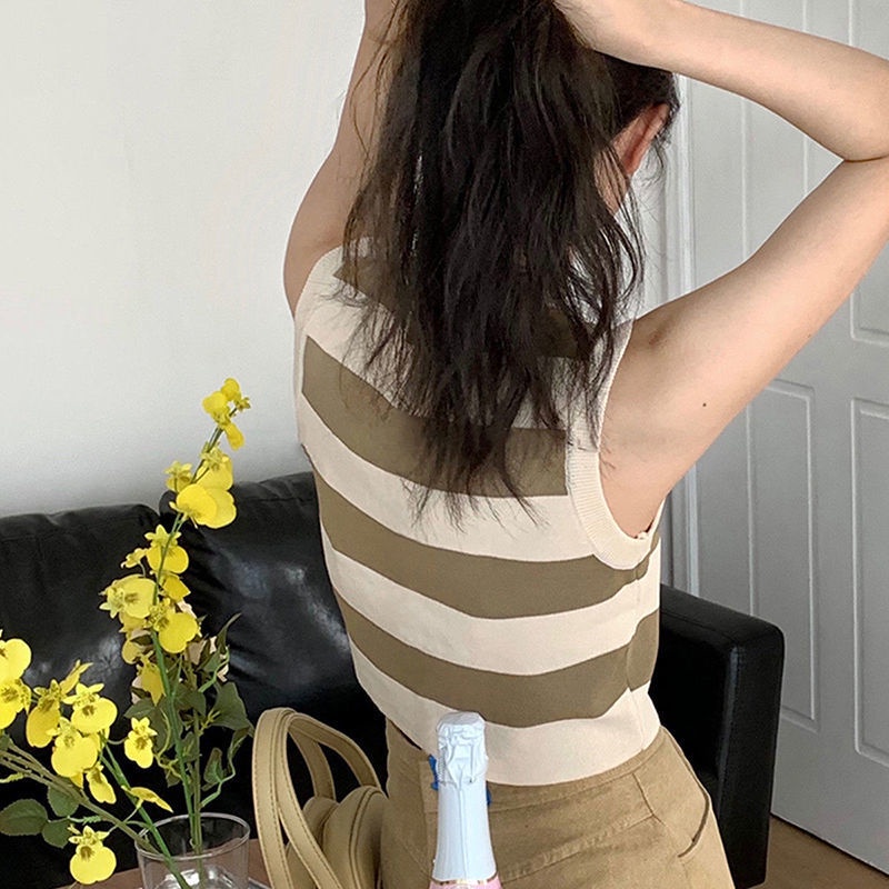Áo Sweater Croptop Không Tay Họa Tiết Kẻ Sọc Thời Trang Cho Nữ