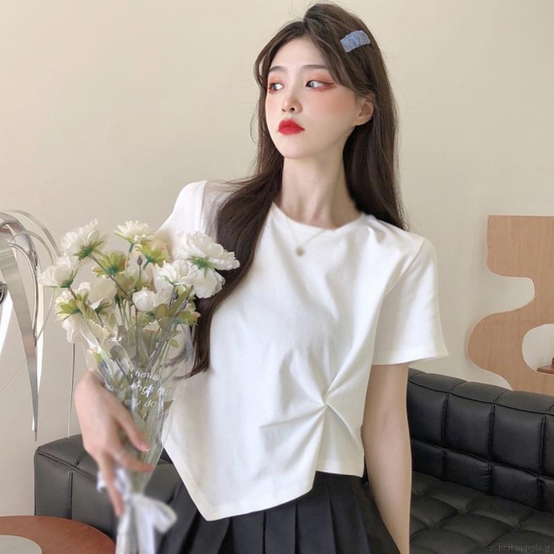 Áo thun tay ngắn cổ tròn màu trơn thiết kế lệch tà phong cách trẻ trung cho nữ