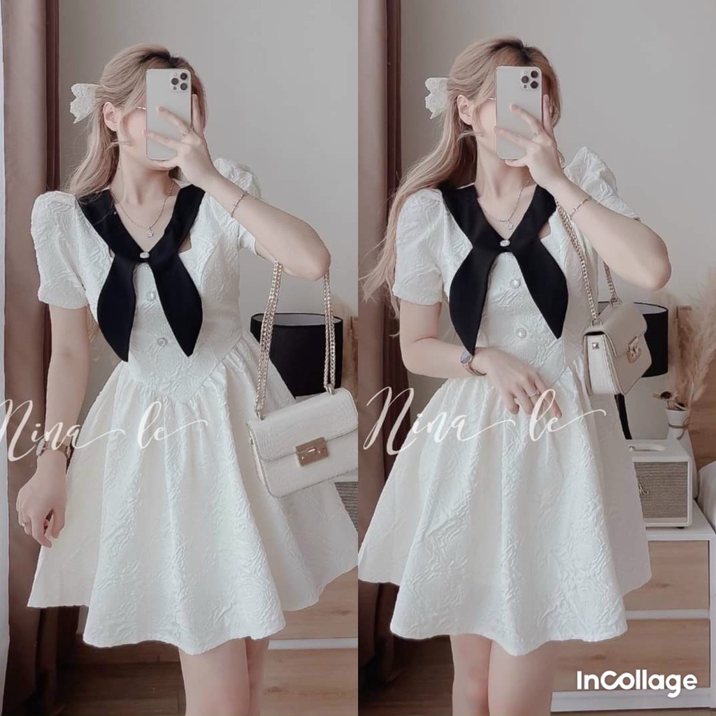 Đầm váy nữ dáng xòe thanh lịch màu trắng phối nơ siêu xinh