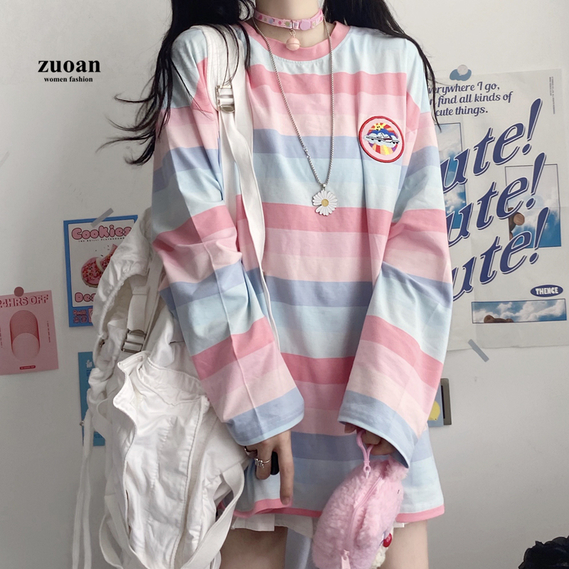SUXI Áo thun tay dài dáng rộng họa tiết kẻ sọc ngang phong cách Hàn Quốc thời trang trẻ trung