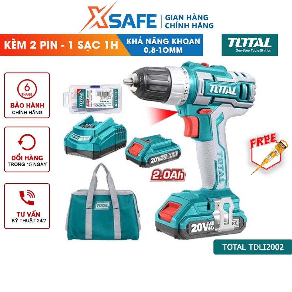 Máy khoan pin cầm tay 20V TOTAL TDLI2002 hai tốc độ 400-1500v/p, đầu khoan khóa tự động khóa trục chính, kèm 2 pin 1 sạc